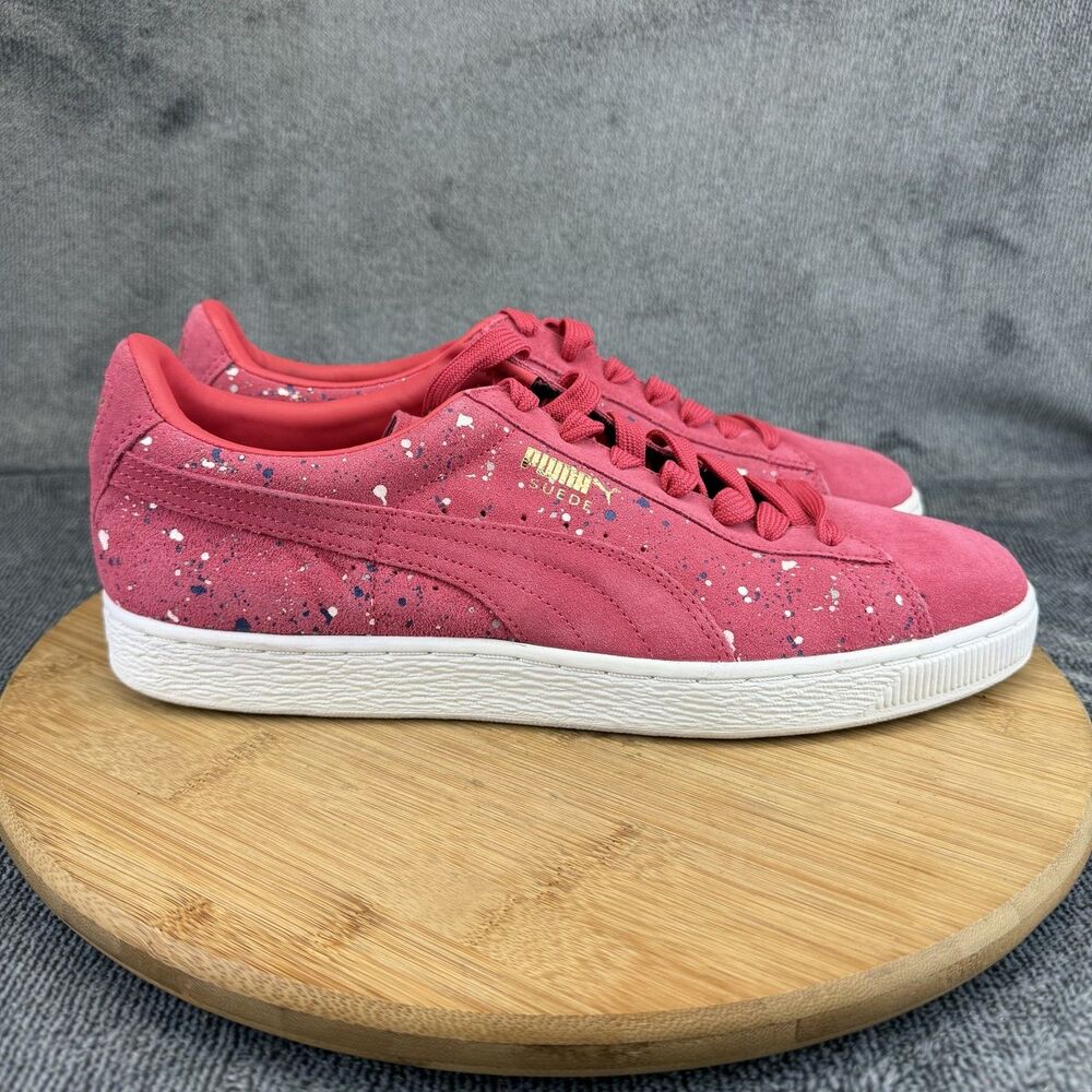Puma Suede Shoes Mens Size 10.5 Pink Paint Splatter Low Top Sneakers 358288-01